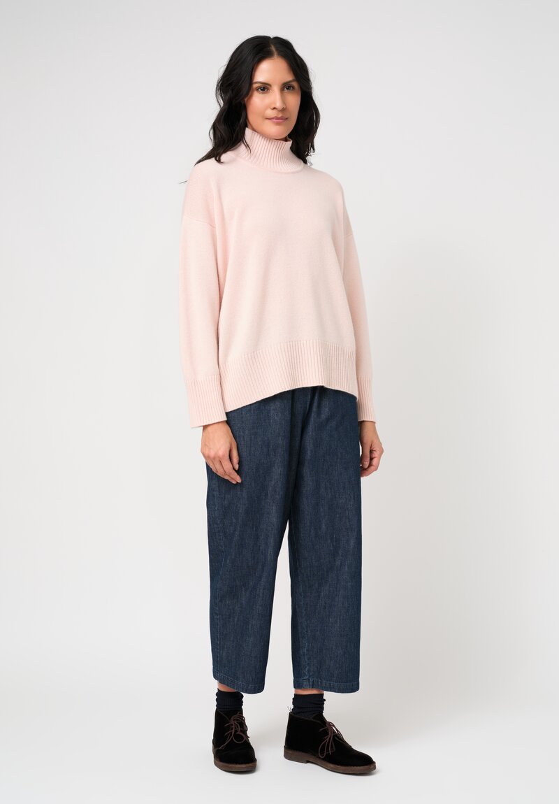 Eskandar Cashmere High Neck Ribbed Edge Sweater in Blush Pink	