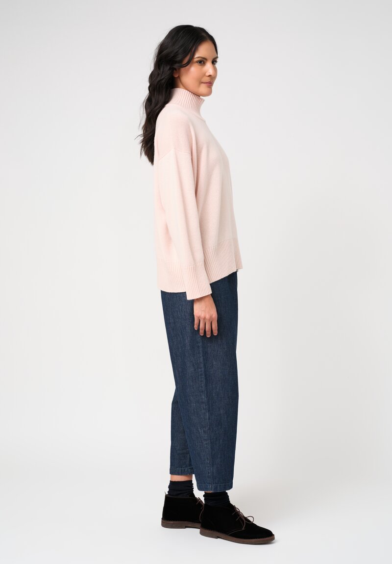 Eskandar Cashmere High Neck Ribbed Edge Sweater in Blush Pink	