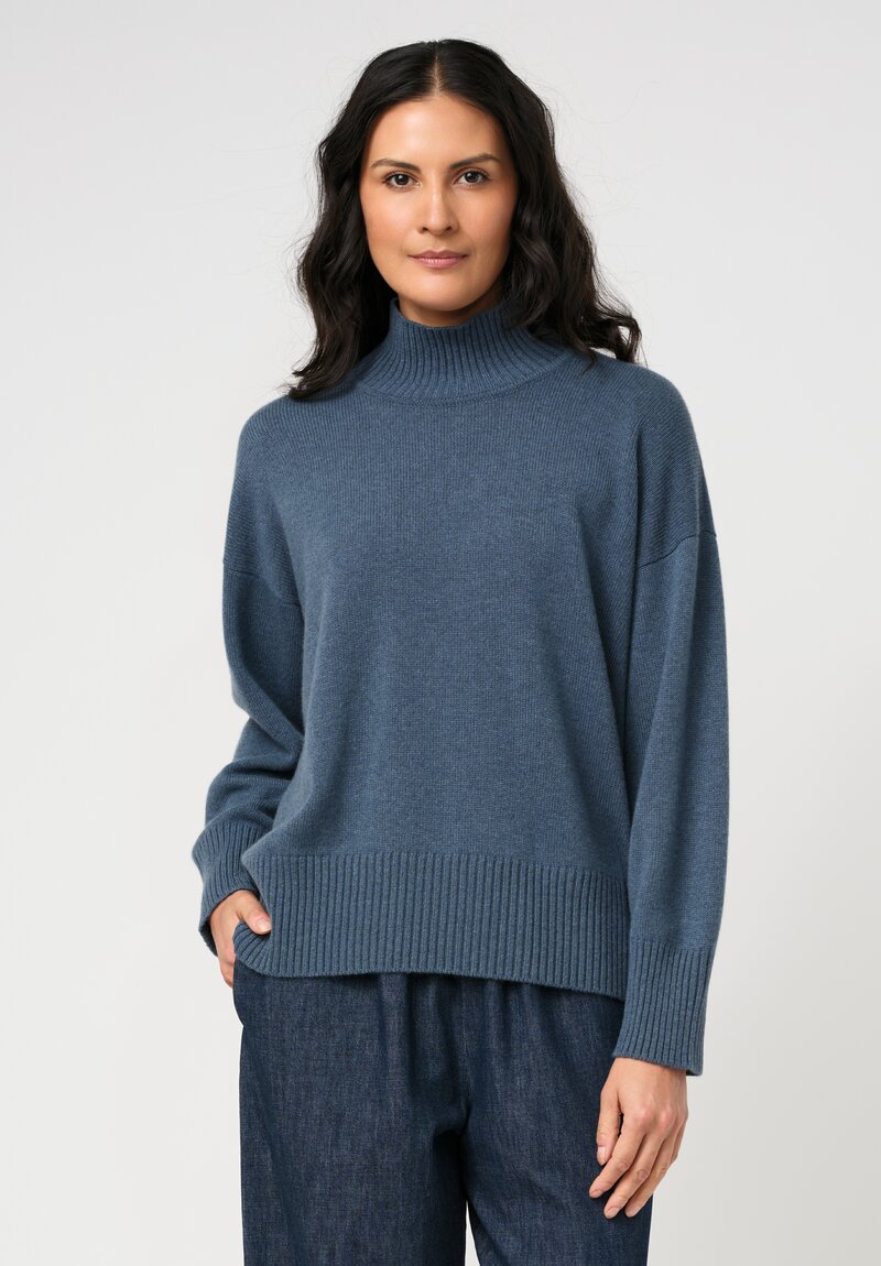 Eskandar Cashmere High Neck Ribbed Edge Sweater in Slate Blue	