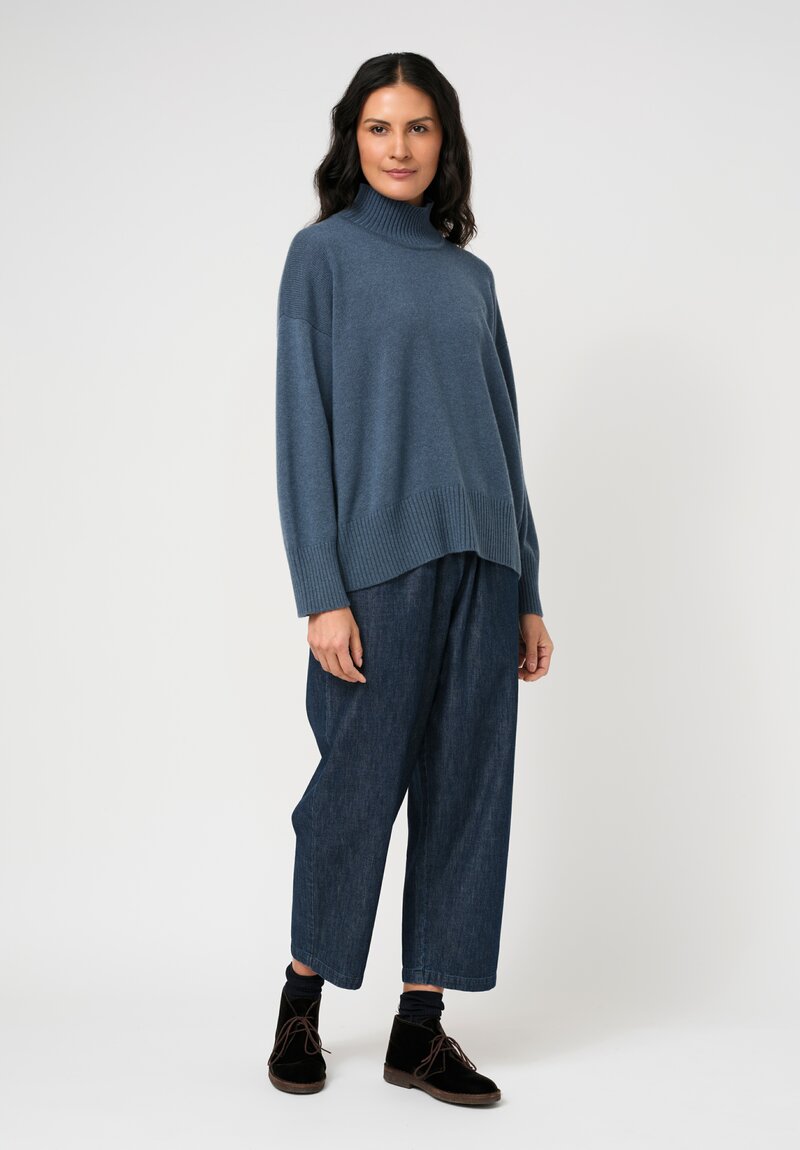 Eskandar Cashmere High Neck Ribbed Edge Sweater in Slate Blue	