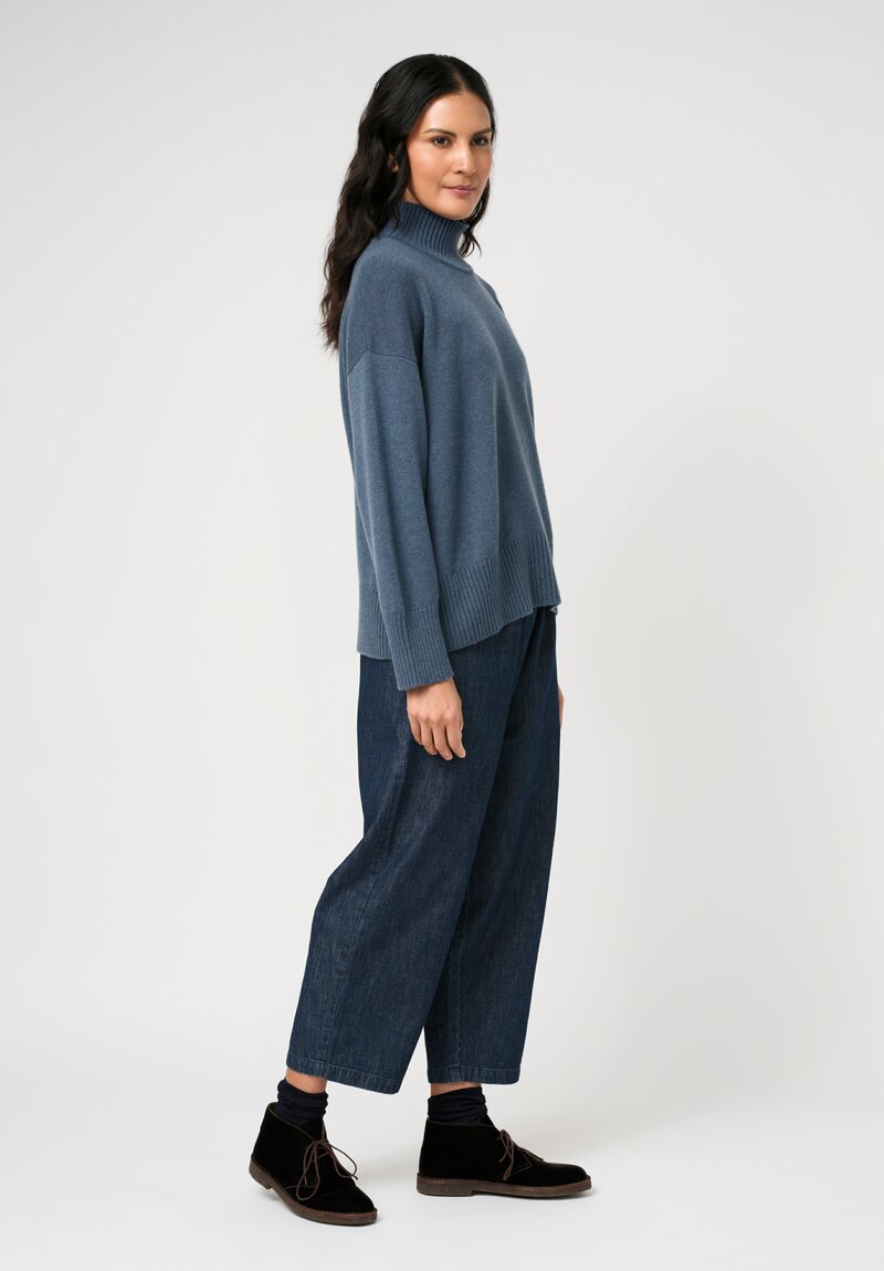 Eskandar Cashmere High Neck Ribbed Edge Sweater in Slate Blue	