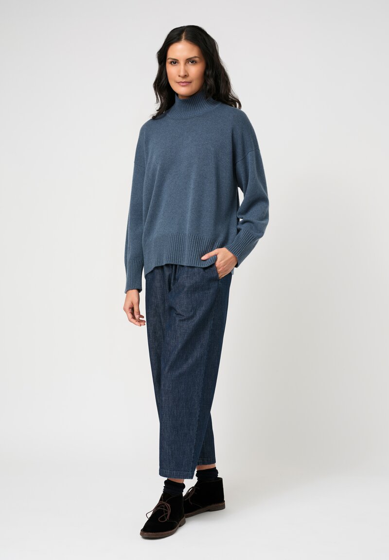Eskandar Cashmere High Neck Ribbed Edge Sweater in Slate Blue	