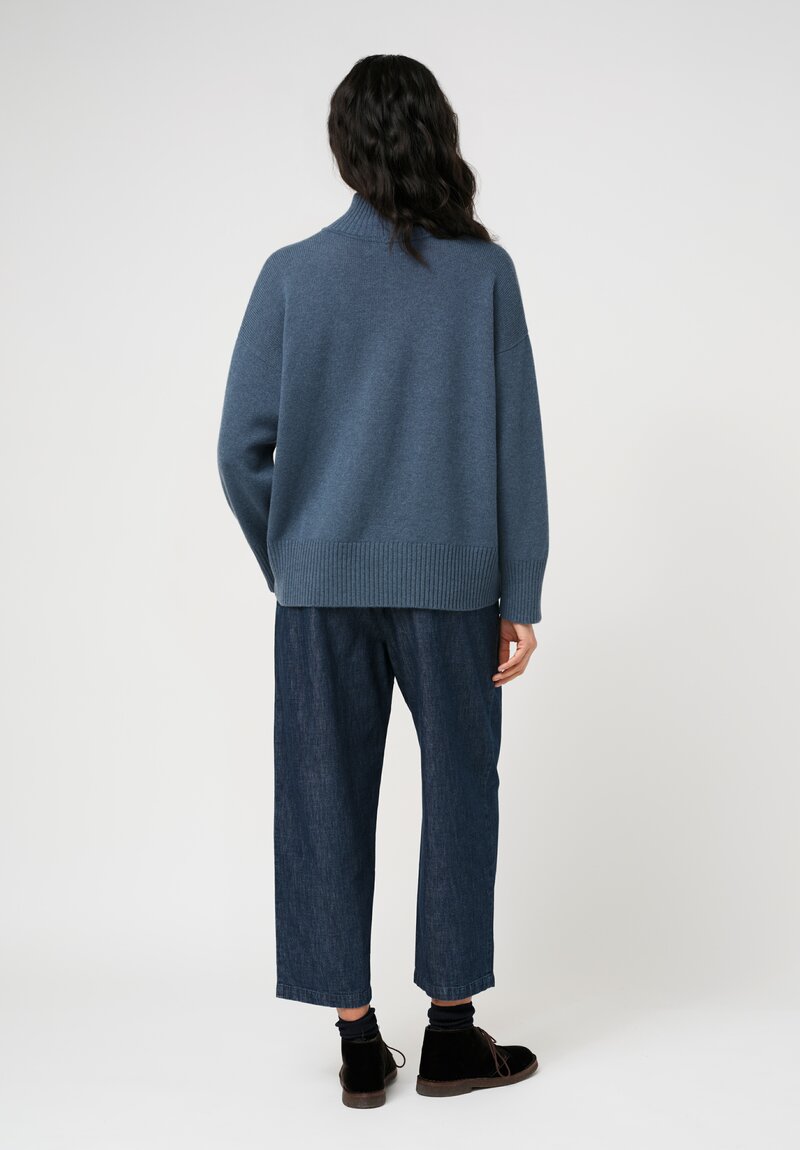 Eskandar Cashmere High Neck Ribbed Edge Sweater in Slate Blue	
