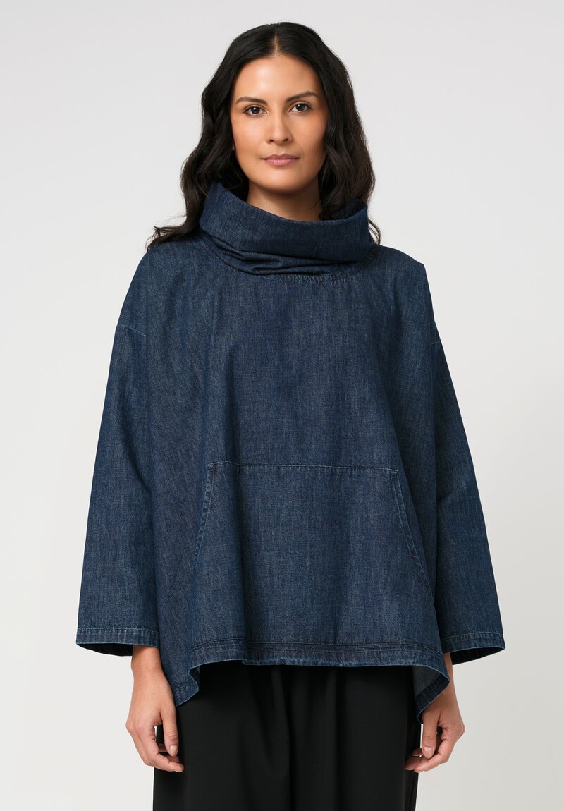 Eskandar Cotton Denim Chambray A-Line Cowl Neck Pullover Top in Dark Jean Blue	