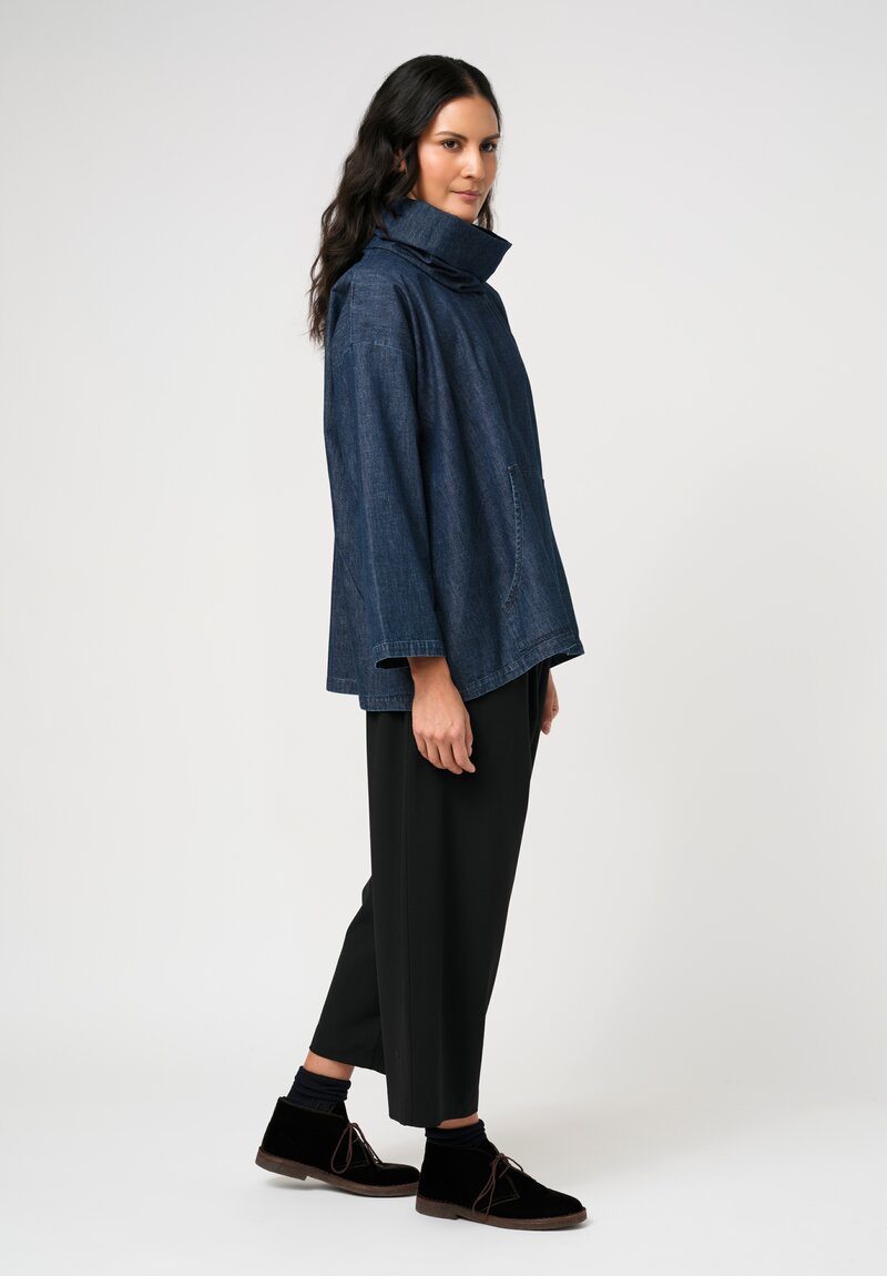 Eskandar Cotton Denim Chambray A-Line Cowl Neck Pullover Top in Dark Jean Blue	