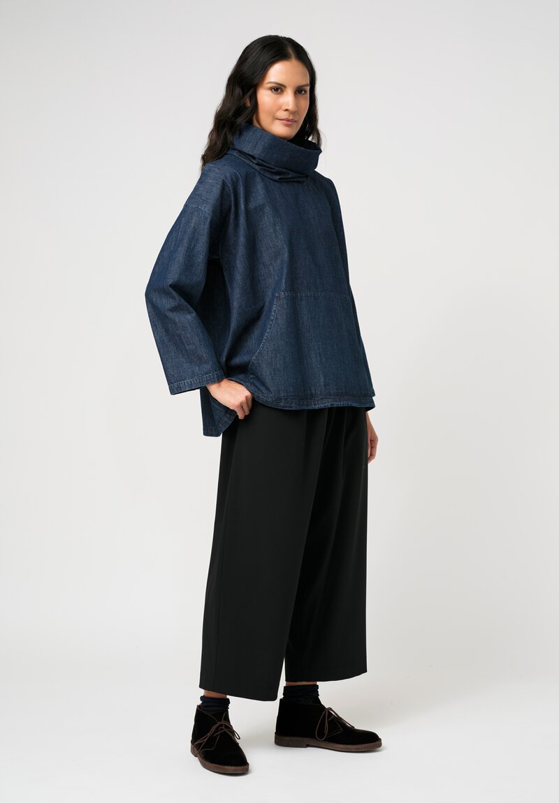 Eskandar Cotton Denim Chambray A-Line Cowl Neck Pullover Top in Dark Jean Blue	