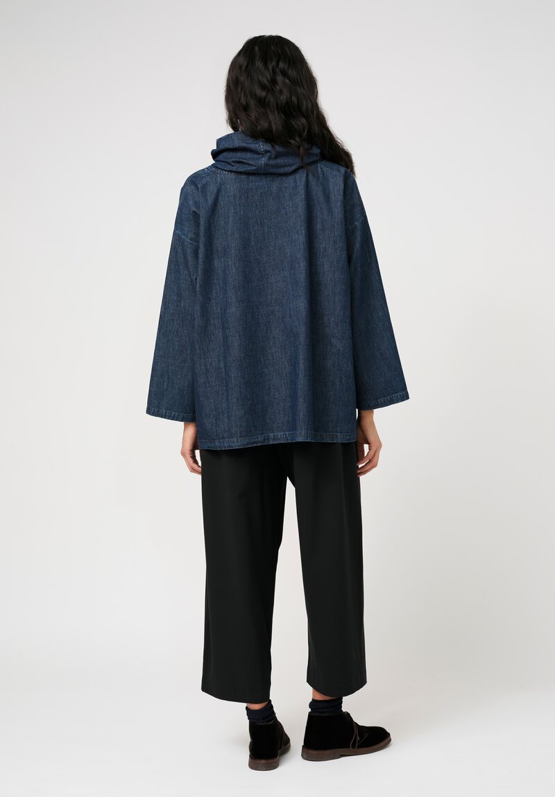 Eskandar Cotton Denim Chambray A-Line Cowl Neck Pullover Top in Dark Jean Blue	