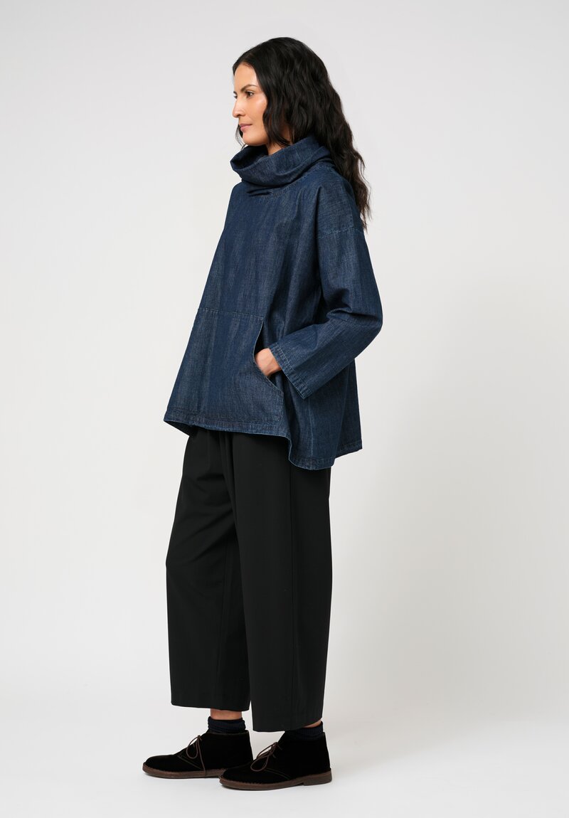 Eskandar Cotton Denim Chambray A-Line Cowl Neck Pullover Top in Dark Jean Blue	