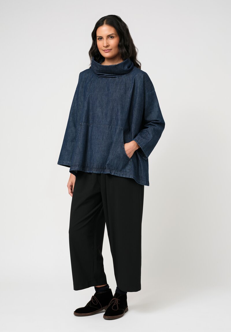 Eskandar Cotton Denim Chambray A-Line Cowl Neck Pullover Top in Dark Jean Blue	