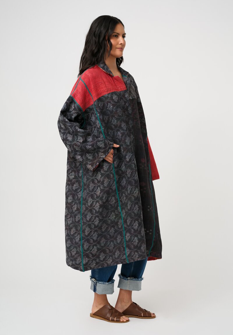 Mieko Mintz Vintage Cotton Kantha Button-Down A-Line Coat in Charcoal Black & Orange