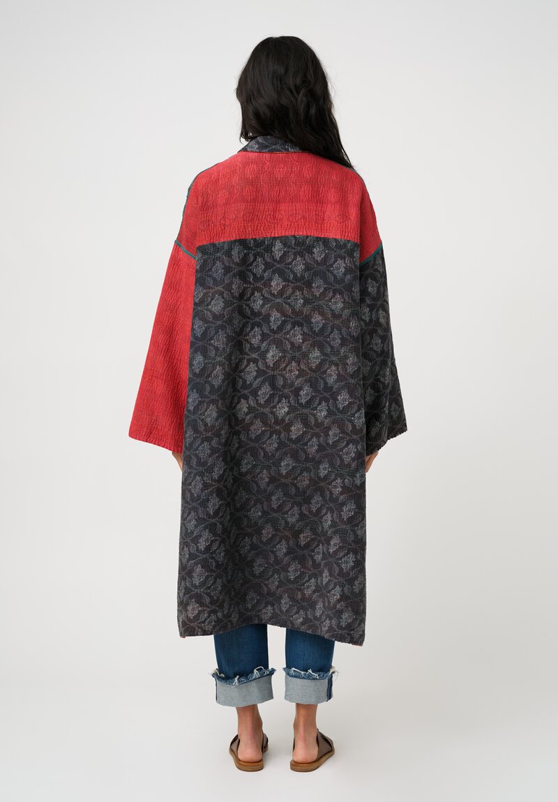 Mieko Mintz Vintage Cotton Kantha Button-Down A-Line Coat in Charcoal Black & Orange