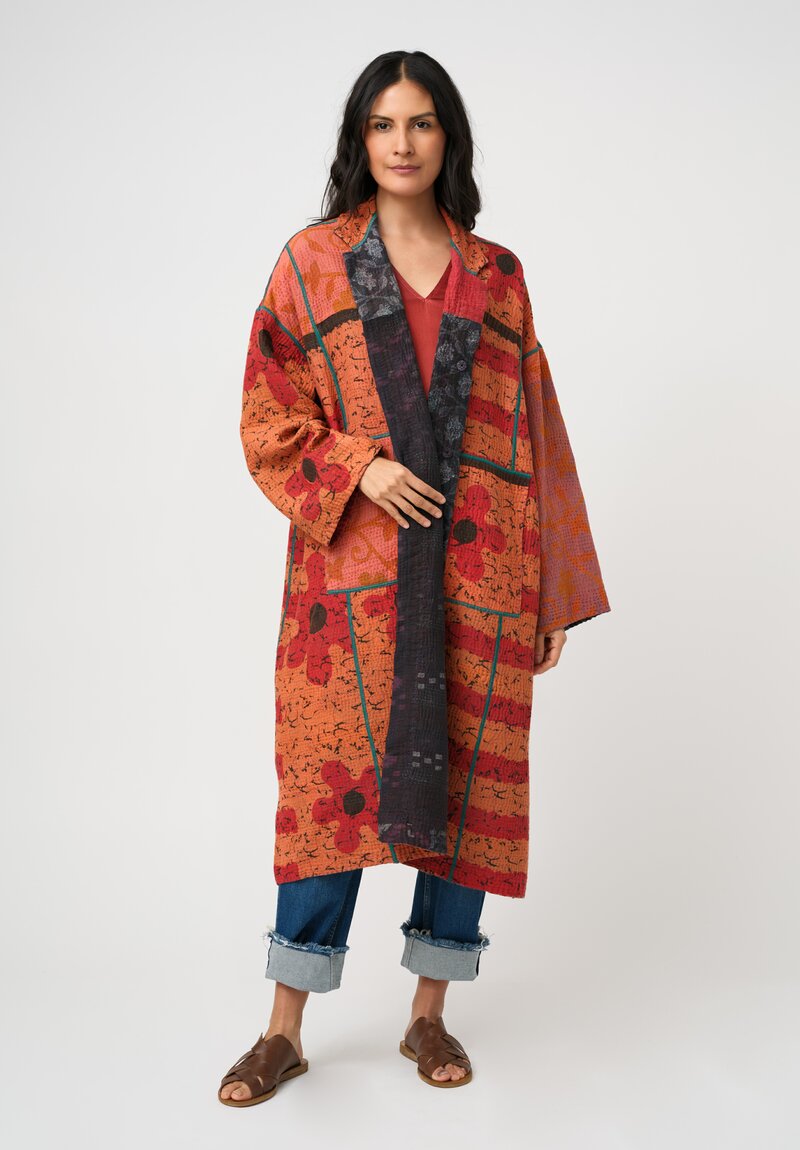 Mieko Mintz Vintage Cotton Kantha Button-Down A-Line Coat in Charcoal Black & Orange