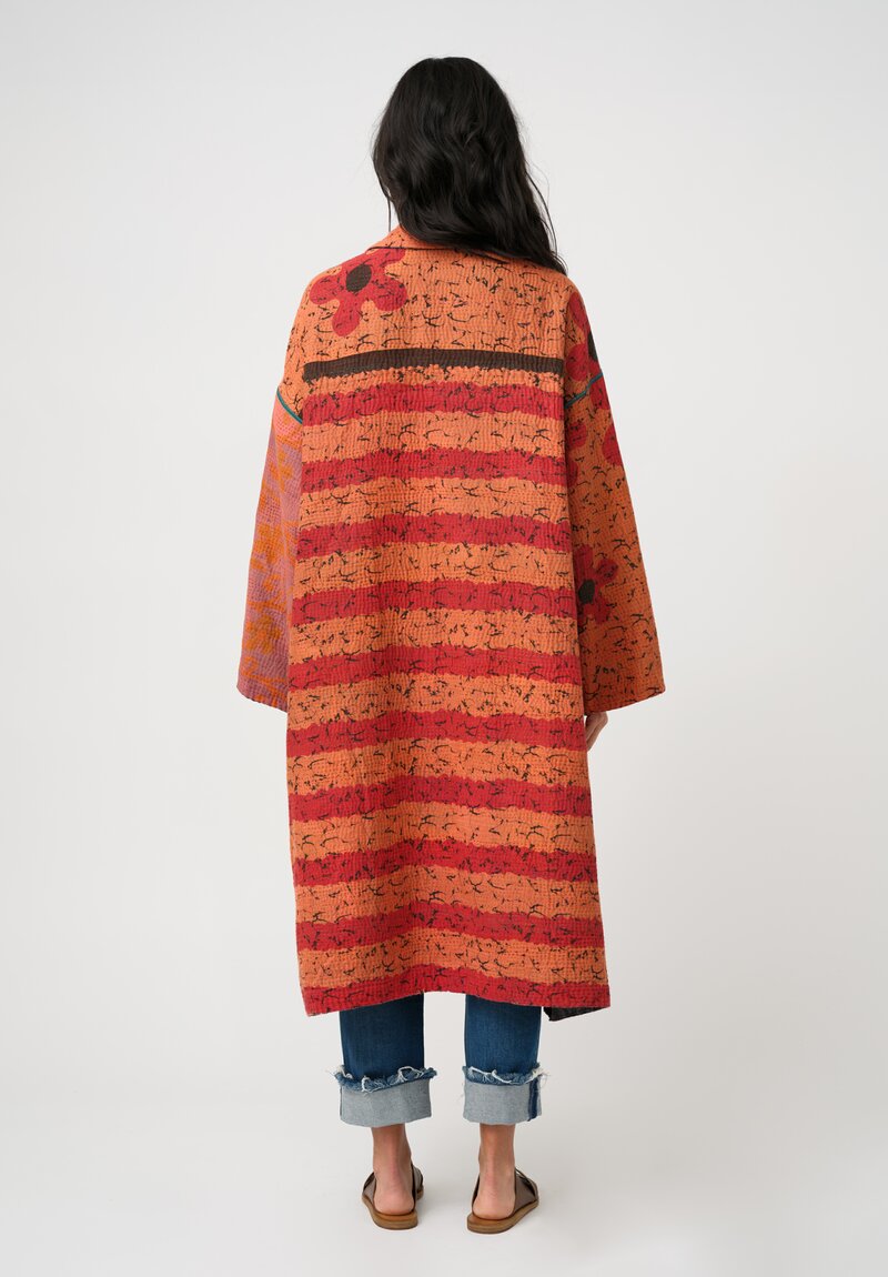 Mieko Mintz Vintage Cotton Kantha Button-Down A-Line Coat in Charcoal Black & Orange