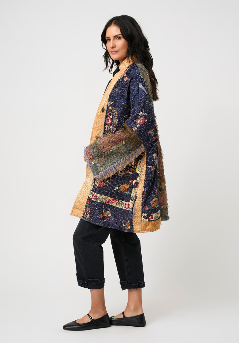 By Walid 19th C. Chinese Silk Embroidered Basma Coat in Blue & Gold Floral