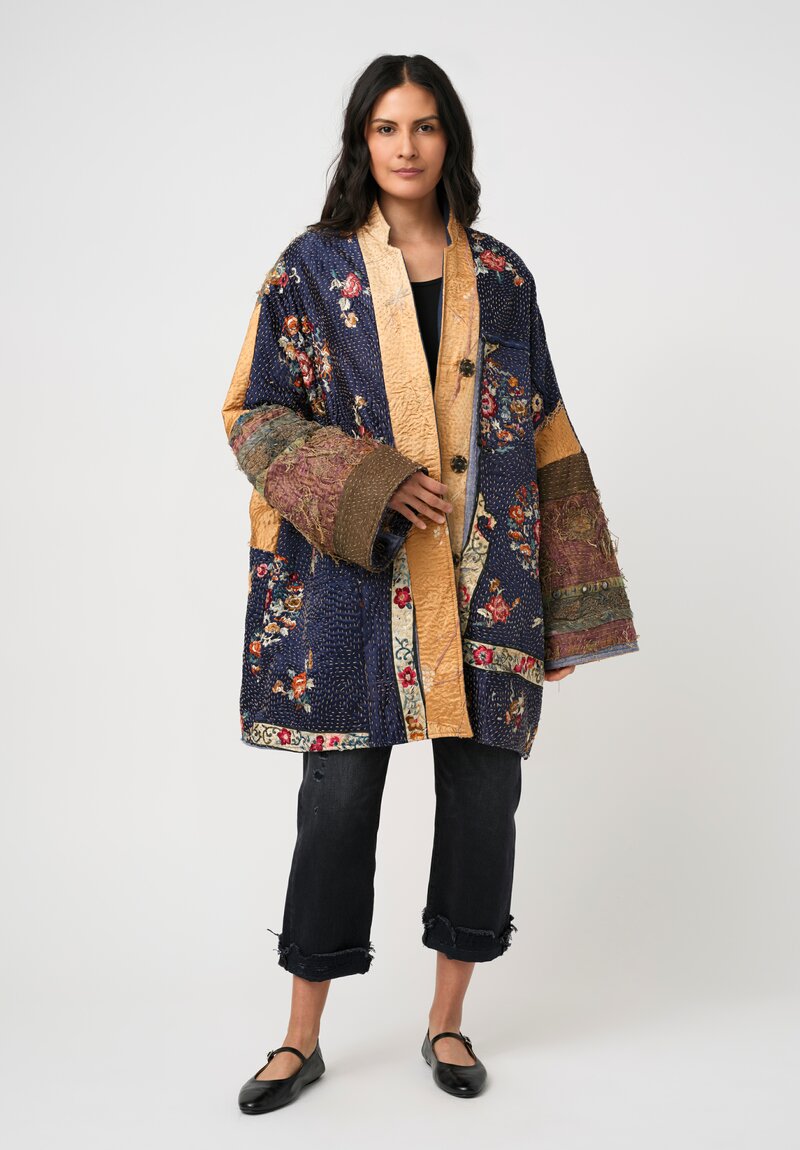 By Walid 19th C. Chinese Silk Embroidered Basma Coat in Blue & Gold Floral