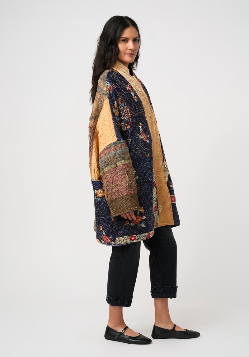 By Walid 19th C. Chinese Silk Embroidered Basma Coat in Blue & Gold Floral