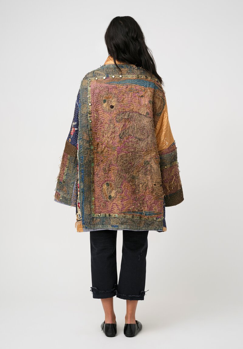 By Walid 19th C. Chinese Silk Embroidered Basma Coat in Blue & Gold Floral