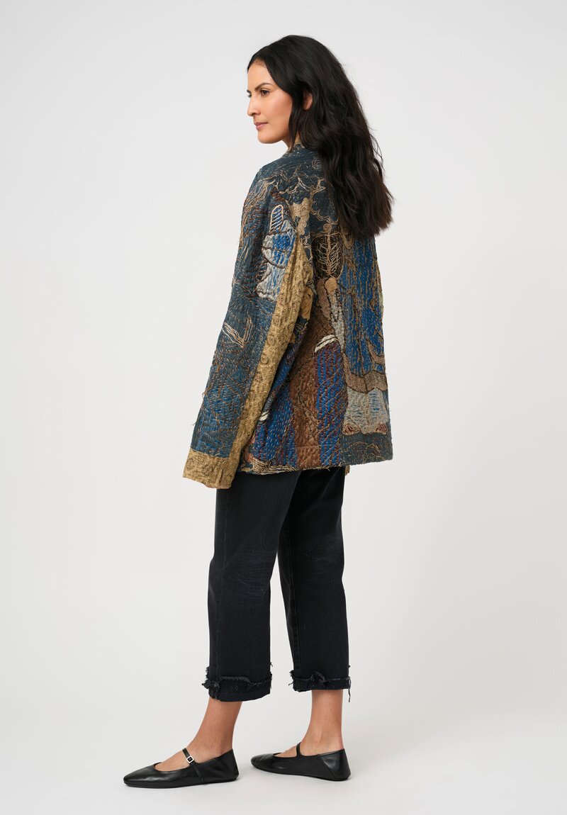 By Walid 19th C. Chinese Silk Embroidered Milton Jacket in Pacific Blue & Gold Dragon