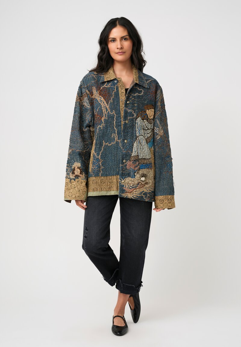 By Walid 19th C. Chinese Silk Embroidered Milton Jacket in Pacific Blue & Gold Dragon