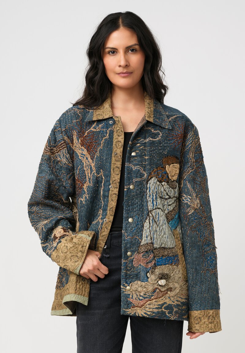 By Walid 19th C. Chinese Silk Embroidered Milton Jacket in Pacific Blue & Gold Dragon