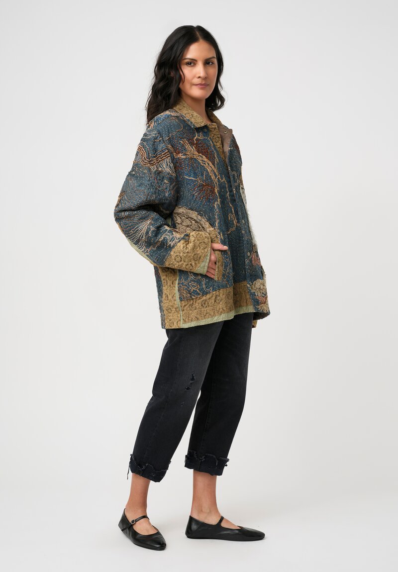 By Walid 19th C. Chinese Silk Embroidered Milton Jacket in Pacific Blue & Gold Dragon