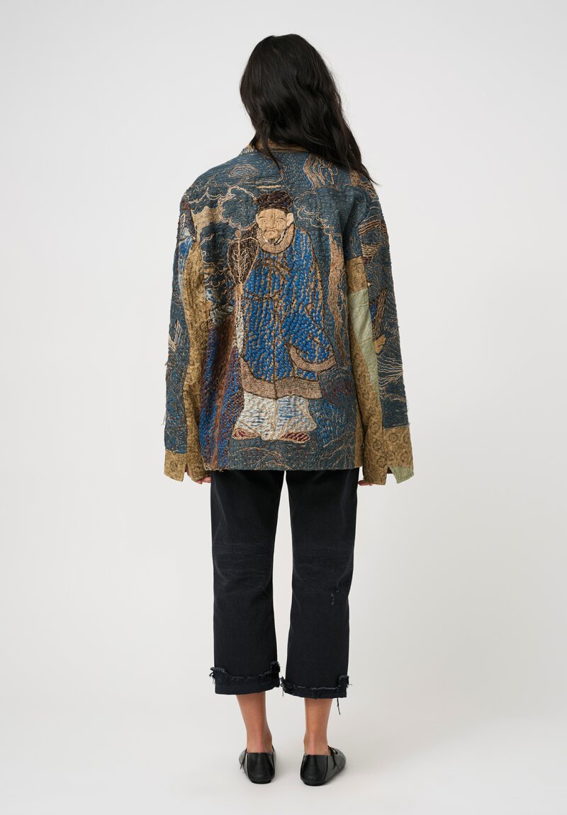 By Walid 19th C. Chinese Silk Embroidered Milton Jacket in Pacific Blue & Gold Dragon