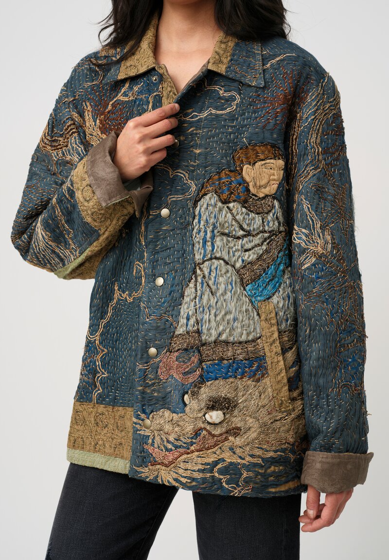 By Walid 19th C. Chinese Silk Embroidered Milton Jacket in Pacific Blue & Gold Dragon