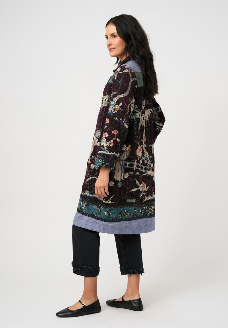 By Walid 19th C. Chinese Silk Embroidered Duster Coat in Floral Syrah Purple