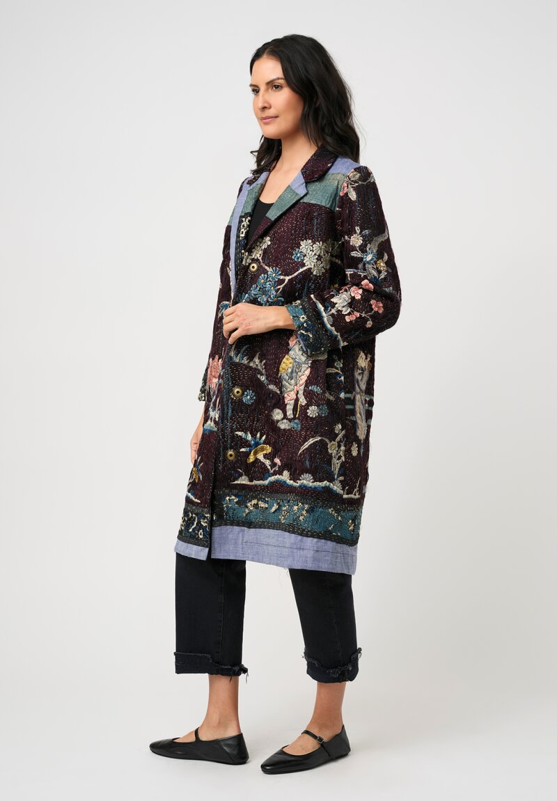 By Walid 19th C. Chinese Silk Embroidered Duster Coat in Floral Syrah Purple