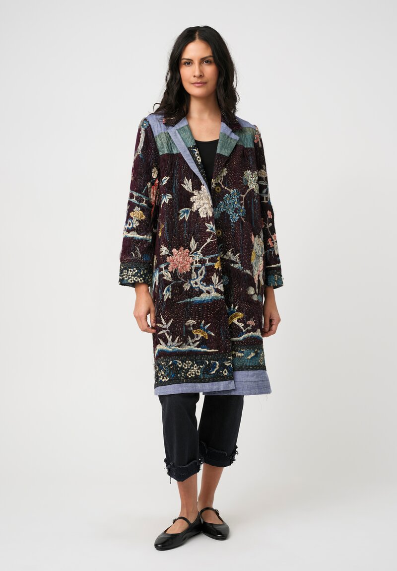 By Walid 19th C. Chinese Silk Embroidered Duster Coat in Floral Syrah Purple