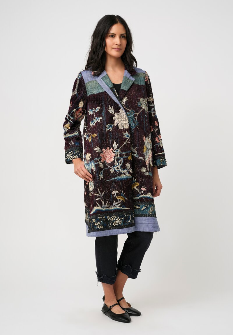 By Walid 19th C. Chinese Silk Embroidered Duster Coat in Floral Syrah Purple