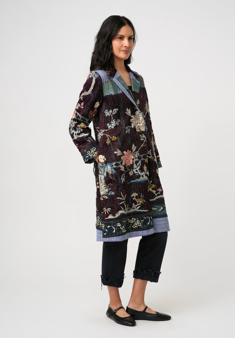 By Walid 19th C. Chinese Silk Embroidered Duster Coat in Floral Syrah Purple