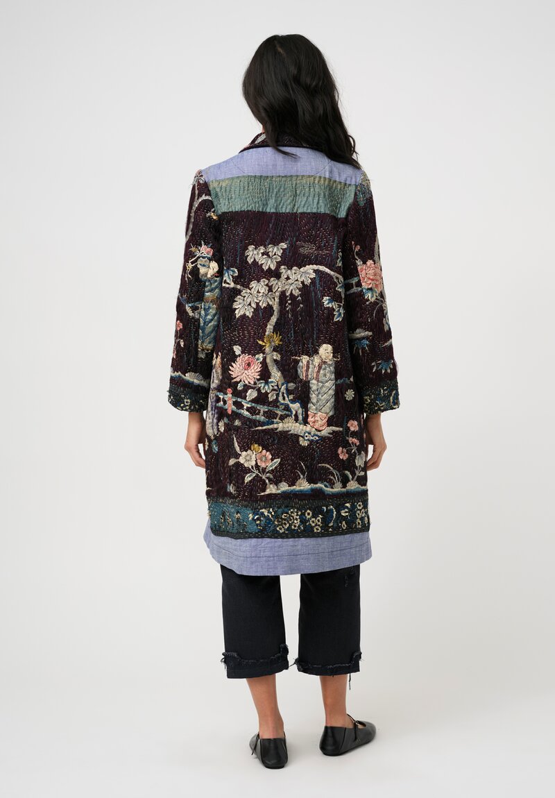 By Walid 19th C. Chinese Silk Embroidered Duster Coat in Floral Syrah Purple
