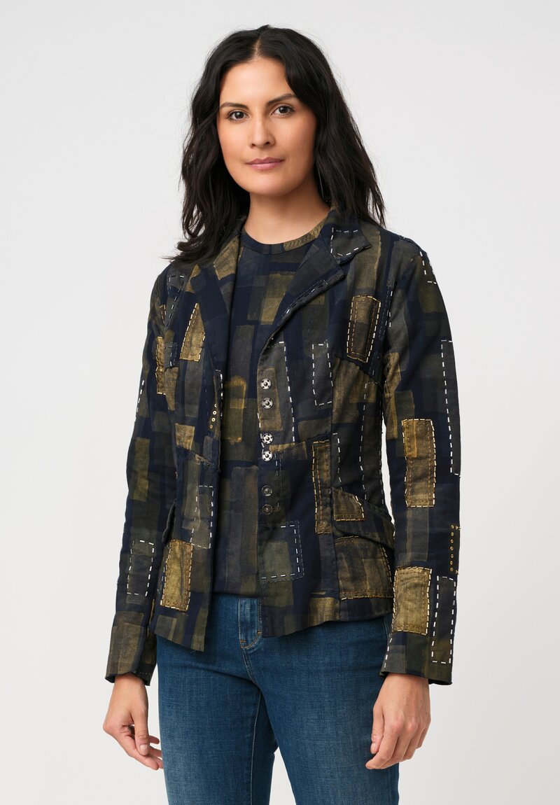 Alabama Chanin Organic Cotton Hand-Painted & Embroidered Betsy Blazer in Gold Fields & Navy
