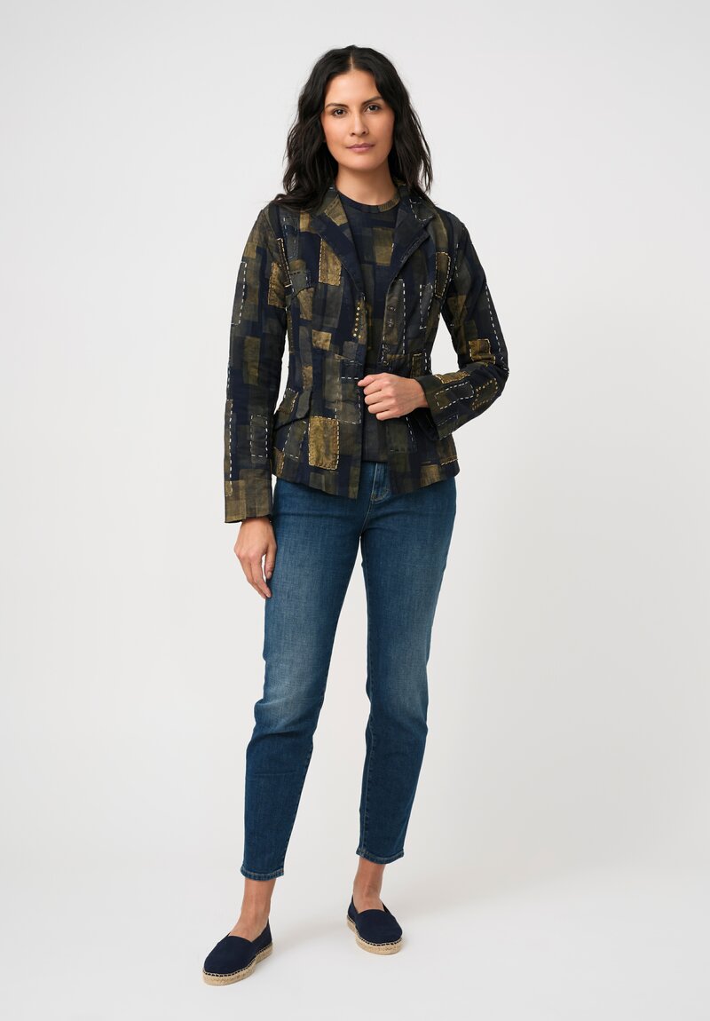 Alabama Chanin Organic Cotton Hand-Painted & Embroidered Betsy Blazer in Gold Fields & Navy