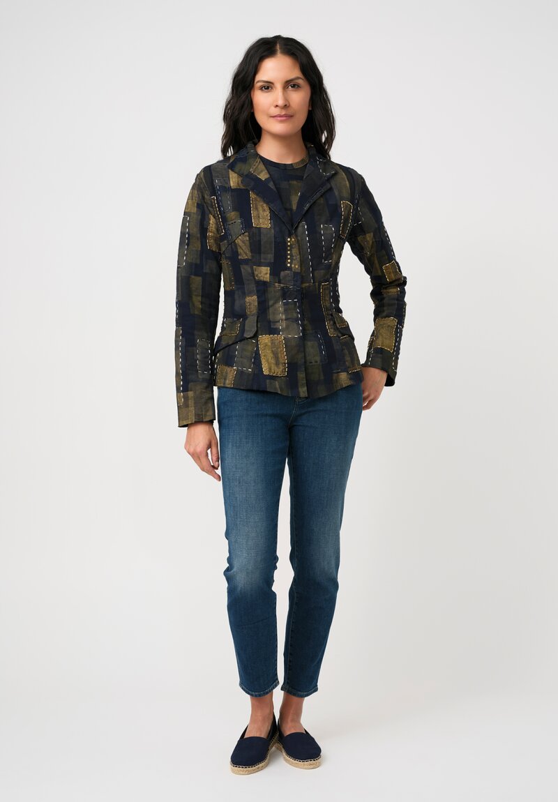 Alabama Chanin Organic Cotton Hand-Painted & Embroidered Betsy Blazer in Gold Fields & Navy
