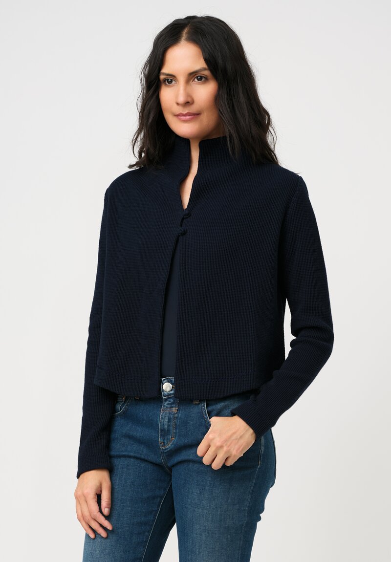Alabama Chanin Zero-Waste Cotton Waffle Knit Stand Collar Cardigan in Navy Blue