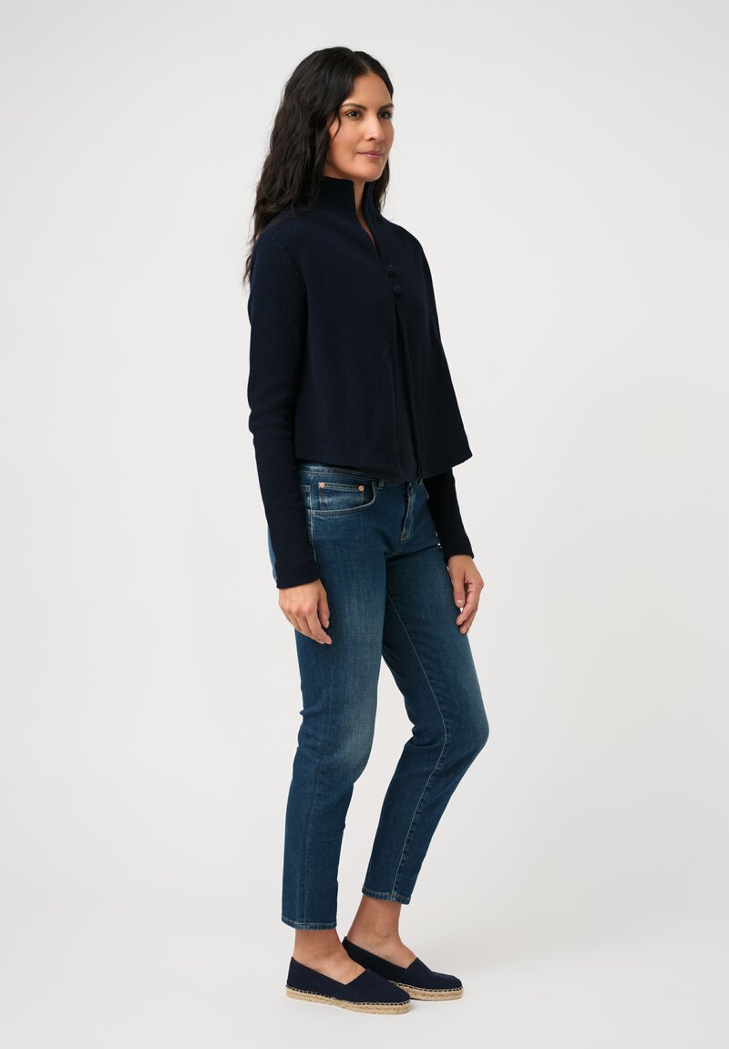 Alabama Chanin Zero-Waste Cotton Waffle Knit Stand Collar Cardigan in Navy Blue
