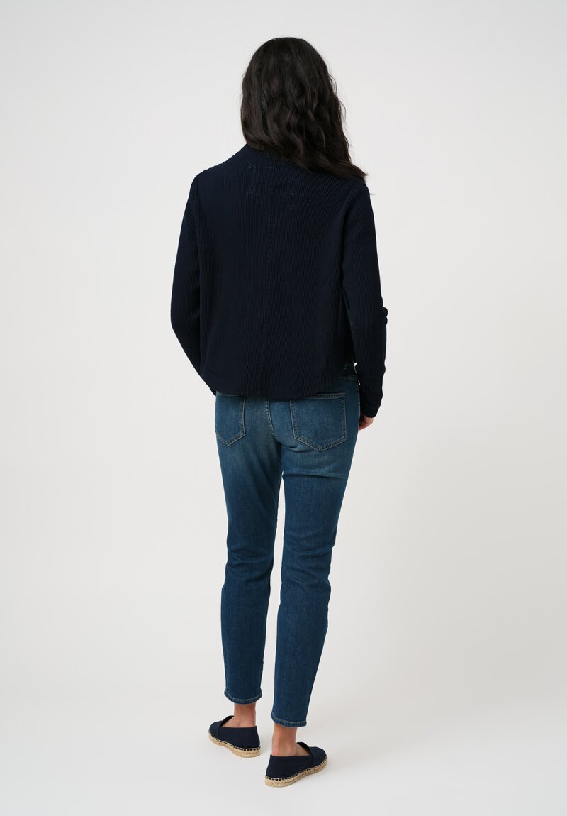 Alabama Chanin Zero-Waste Cotton Waffle Knit Stand Collar Cardigan in Navy Blue