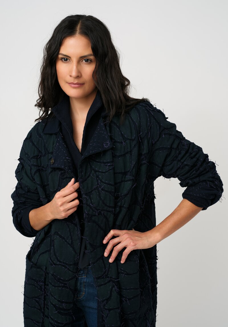 Alabama Chanin Zero-Waste Cotton Waffle Knit Stand Collar Cardigan in Navy Blue