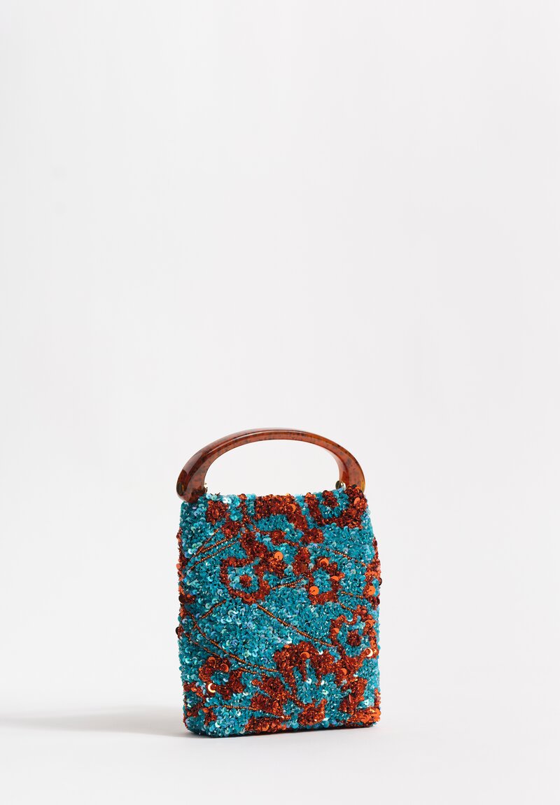 Dries Van Noten Sequin Pattern Embellished Micro Bucket Bag in Red & Turquoise