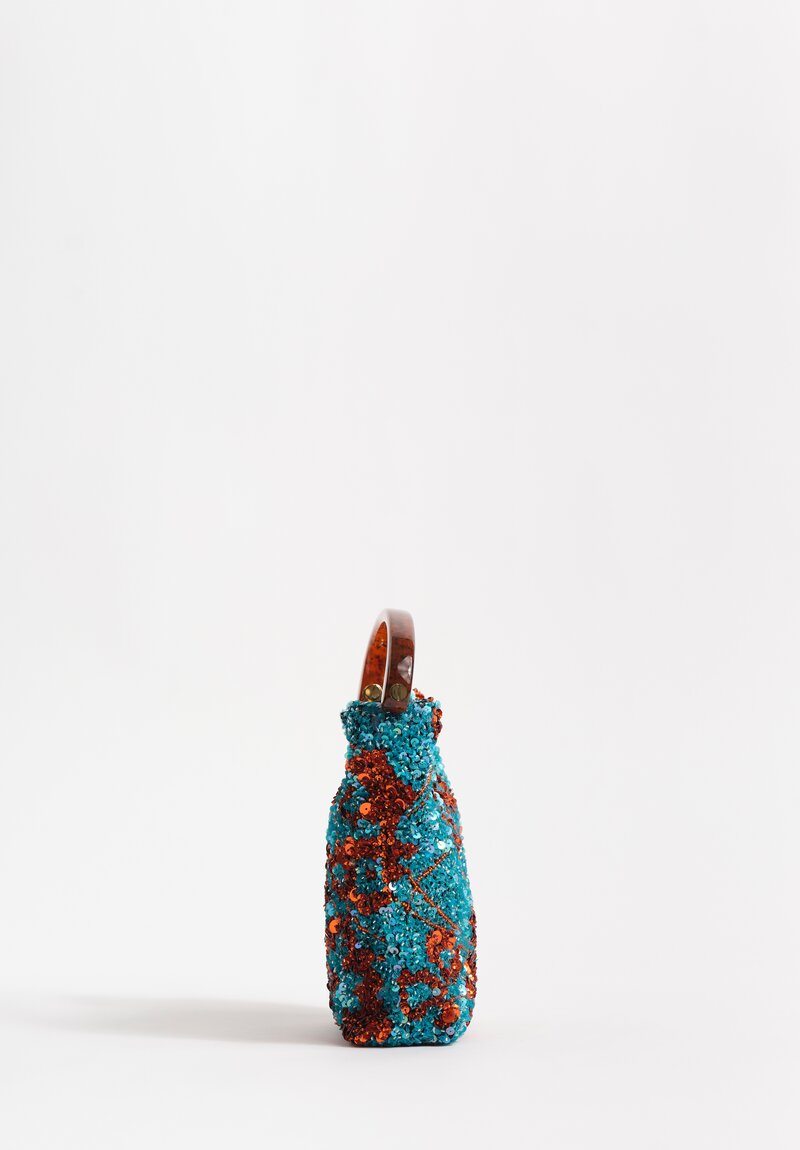 Dries Van Noten Sequin Pattern Embellished Micro Bucket Bag in Red & Turquoise