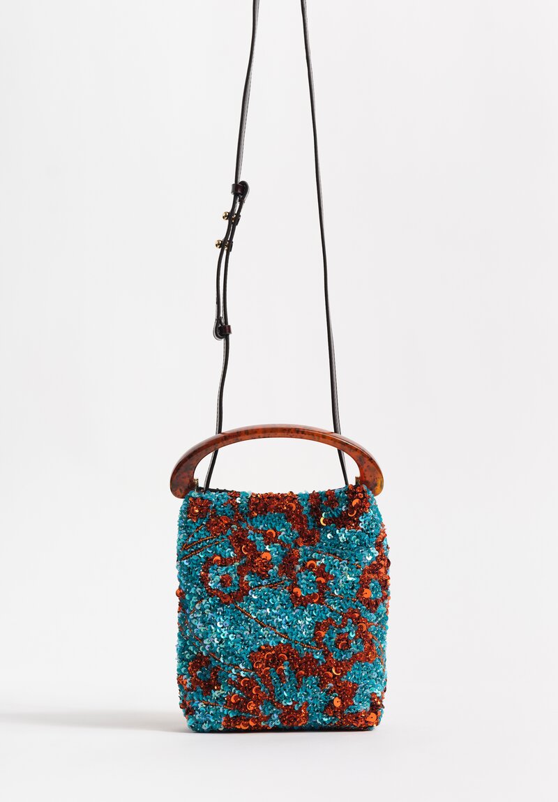 Dries Van Noten Sequin Pattern Embellished Micro Bucket Bag in Red & Turquoise
