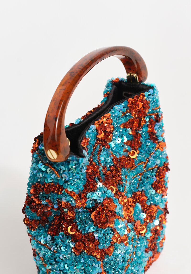 Dries Van Noten Sequin Pattern Embellished Micro Bucket Bag in Red & Turquoise