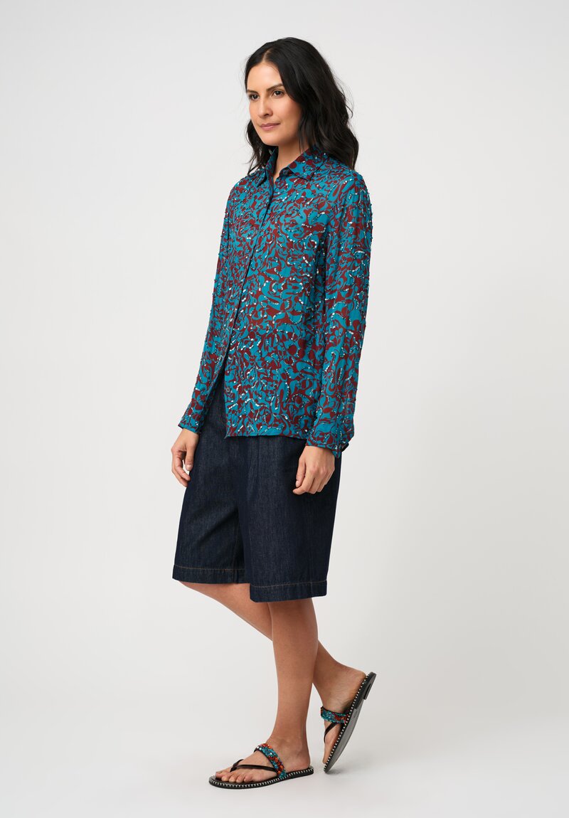 Dries Van Noten Sequin Embellished Abstract Print Cavelly Shirt in Red & Turquoise