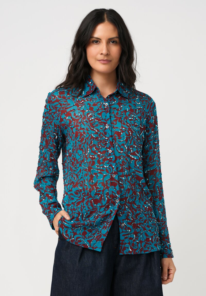 Dries Van Noten Sequin Embellished Abstract Print Cavelly Shirt in Red & Turquoise
