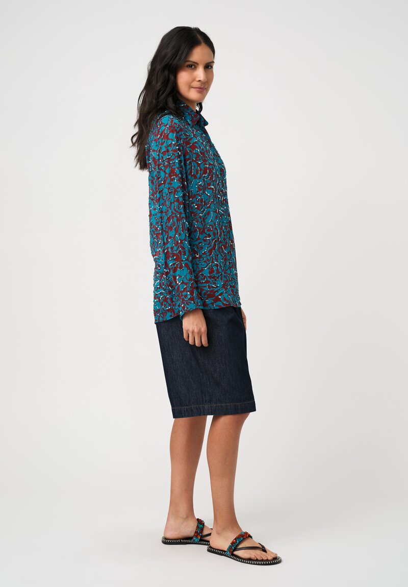 Dries Van Noten Sequin Embellished Abstract Print Cavelly Shirt in Red & Turquoise