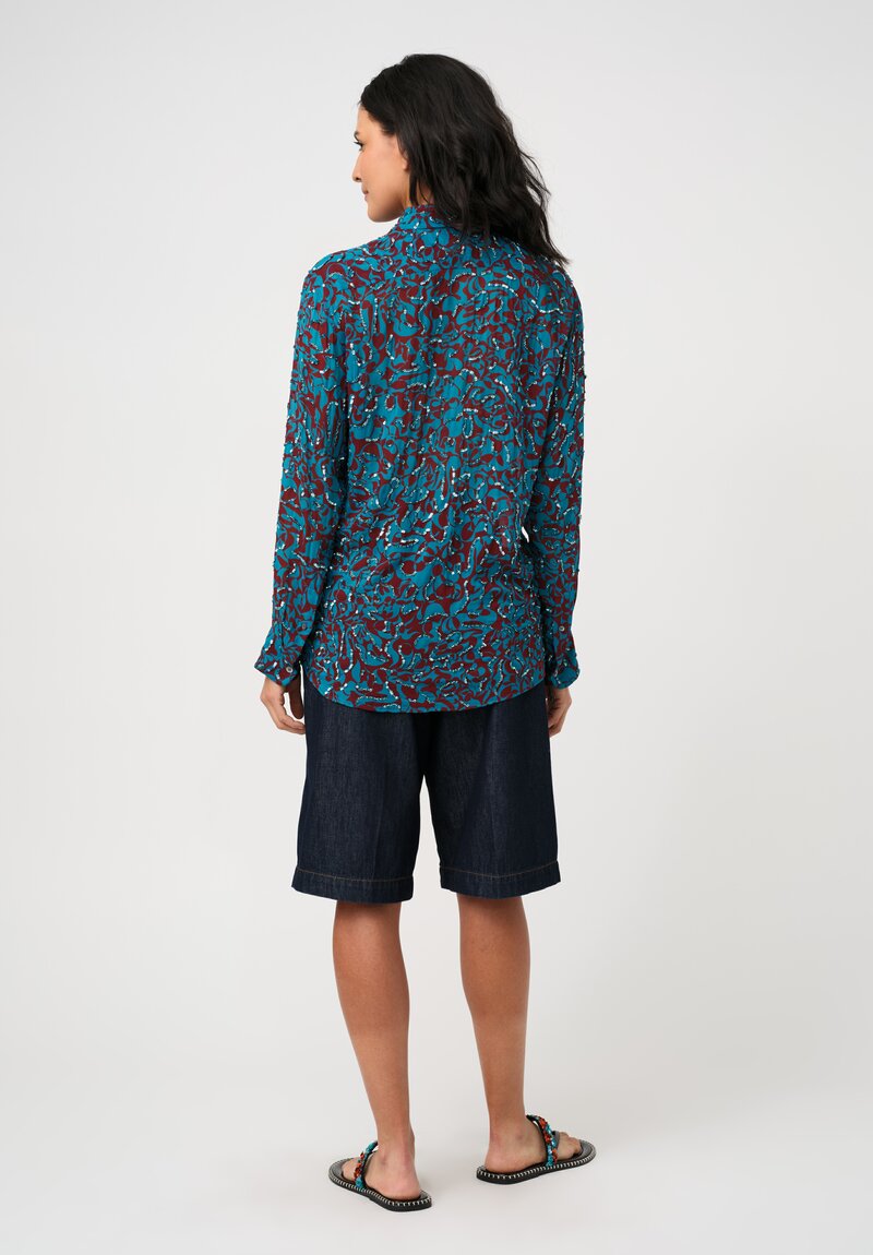 Dries Van Noten Sequin Embellished Abstract Print Cavelly Shirt in Red & Turquoise