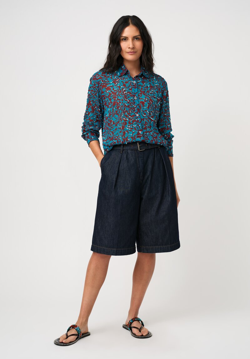 Dries Van Noten Sequin Embellished Abstract Print Cavelly Shirt in Red & Turquoise