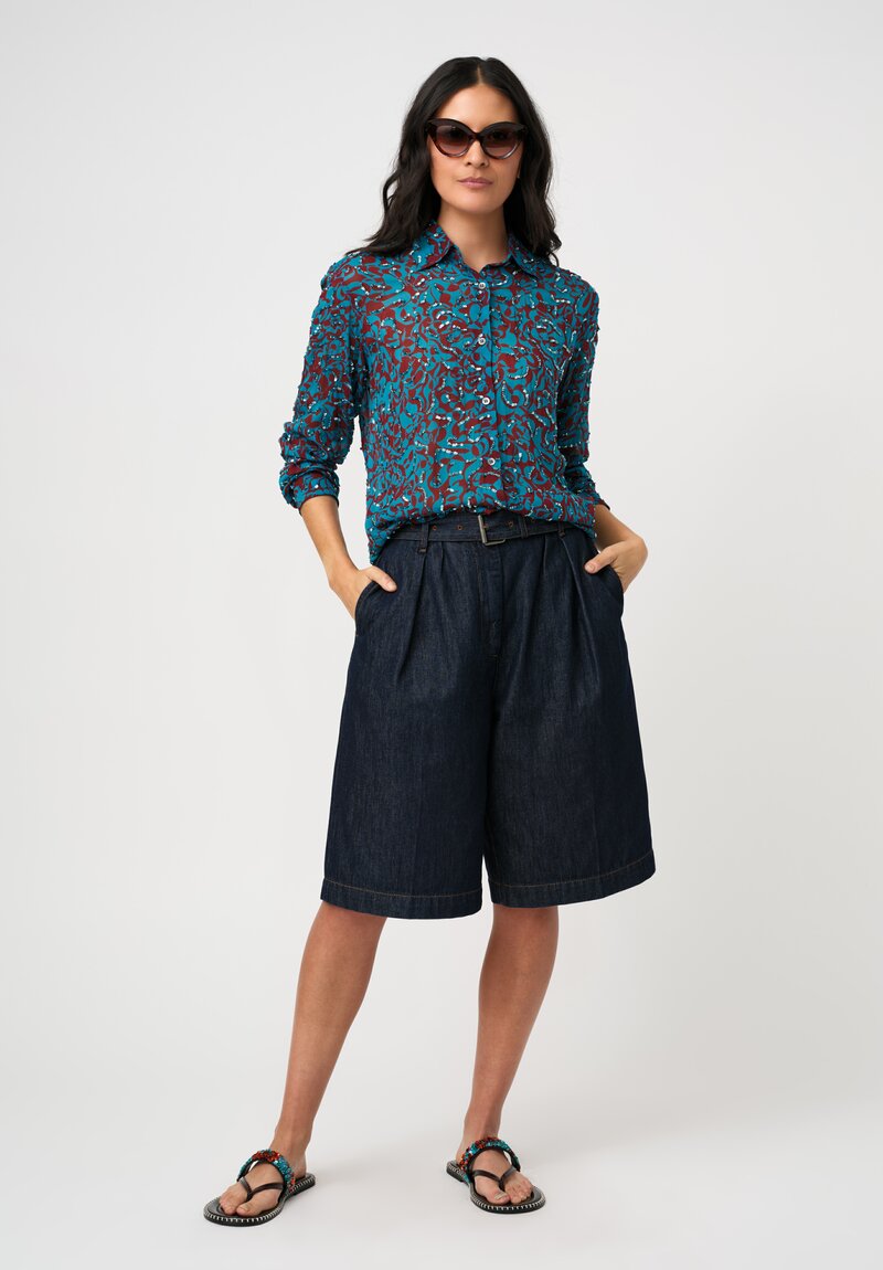 Dries Van Noten Sequin Embellished Abstract Print Cavelly Shirt in Red & Turquoise